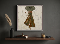 Walking Lady in a Wide Hat Wall Art — Original Palette-Knife Oil, Olive & Sienna — original hand-painted oil shown on the wall in a styled room