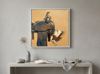 Western Saddle Still Life Wall Art — Original Palette-Knife Oil, Ochre & Slate — original hand-painted oil shown on the wall in a styled room
