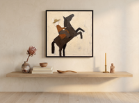 Rider on a Rearing Horse Wall Art — Original Palette-Knife Oil, Chocolate & Rust — original hand-painted oil shown on the wall in a styled room