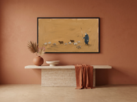 Shepherd and Flock Wide Wall Art — Original Oil Landscape, Golden Ochre & Navy — original hand-painted oil shown on the wall in a styled room