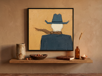 Cowboy from Behind Wall Art — Original Palette-Knife Oil, Slate Blue & Ochre — original hand-painted oil shown on the wall in a styled room