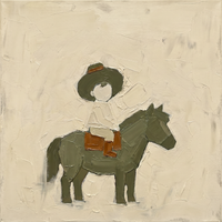 Original oil painting of a child in a dark olive hat on an olive-green pony with a rust saddle blanket, heavy palette-knife texture on a cream ground