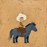 Original oil painting of a child in a pale hat on a slate blue-grey pony with a rust saddle blanket, on a golden ochre ground with palette-knife texture