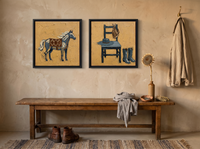 Horse & Cowboy Gear — Set of 2 Original Oils, Golden Ochre & Slate Blue — original hand-painted oil shown on the wall in a styled room