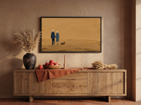 Couple Walking a Dog Wide Wall Art — Original Palette-Knife Oil, Golden Ochre & Navy — original hand-painted oil shown on the wall in a styled room
