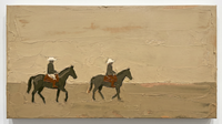 Original oil painting of two horse riders crossing an olive-khaki pasture, dark horses and pale riders in white hats with burnt-sienna saddles, heavy palette-knife texture in a 16:9 wide format