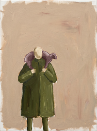 Oil painting of a hunched old man in a moss-green coat with a pale head, leaning on a cane over dark pigeons on a warm clay-tan ground.