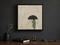 Woman Under an Umbrella Wall Art — Original Oil, Sage & Charcoal — original hand-painted oil shown on the wall in a styled room