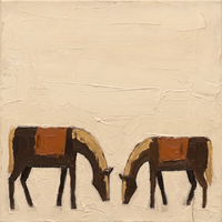 Original oil painting of two brown horses grazing with rust and tan blankets on their backs, on a wide cream ground with palette-knife texture