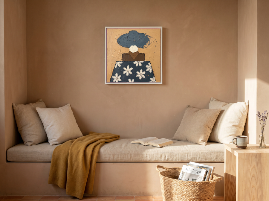 Lady in a Daisy Shirt Wall Art — Original Palette-Knife Oil, Navy & Ochre