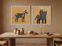 Standing Horse & Mounted Cowboy — Set of 2 Original Oils, Blue-Grey & Ochre — original hand-painted oil shown on the wall in a styled room