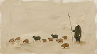 Original wide oil painting of a shepherd in an olive coat with a tall crook and a scattered flock of rust-brown sheep on a pale oat pasture, Lowry-style with open space
