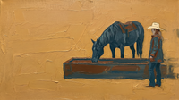 Original wide palette-knife oil painting of a navy-teal horse drinking at a brown trough with a cowgirl in a cream hat, on a golden-ochre ground with heavy impasto texture