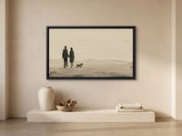 Couple Walking a Dog Wide Wall Art — Original Palette-Knife Oil, Olive & Charcoal — original hand-painted oil shown on the wall in a styled room