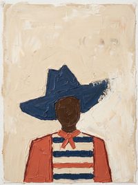 Heavy impasto oil portrait of a cowboy face-on under a navy angular hat, brown skin, shirt striped navy and coral, on a cream ground.