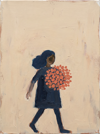 Oil painting of a woman in a indigo-blue dress holding a dark open umbrella above her head, looking down, on a warm cream ground.