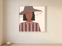 Lady in a Floppy Hat Wall Art — Original Palette-Knife Oil, Mauve & Rose-Brown — original hand-painted oil shown on the wall in a styled room