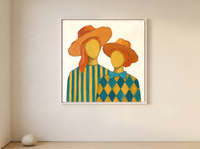 Two Ladies in Orange Hats Wall Art — Original Palette-Knife Oil, Orange & Teal — original hand-painted oil shown on the wall in a styled room
