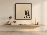 Couple Walking Together Wall Art — Original Oil, Brown & Cream — original hand-painted oil shown on the wall in a styled room