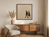 Couple Walking Together Wall Art — Original Oil, Brown & Cream — original hand-painted oil shown on the wall in a styled room