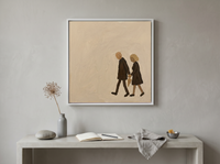 Couple Walking Together Wall Art — Original Oil, Brown & Cream — original hand-painted oil shown on the wall in a styled room