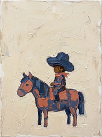 Heavy impasto oil portrait of a cowboy face-on under a navy angular hat, brown skin, shirt striped navy and coral, on a cream ground.