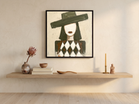 Woman in a Wide Hat Wall Art — Original Palette-Knife Oil, Olive & Cream — original hand-painted oil shown on the wall in a styled room