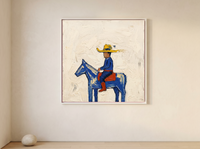 Cowboy on Horseback Wall Art — Original Pop-Colour Oil, Cobalt & Yellow — original hand-painted oil shown on the wall in a styled room