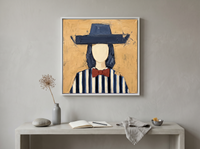 Lady in an Angular Navy Hat Wall Art — Original Palette-Knife Oil, Navy & Red — original hand-painted oil shown on the wall in a styled room