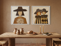 Bouquet Woman & Two Sisters — Set of 2 Original Oils, Chocolate & Gold — original hand-painted oil shown on the wall in a styled room