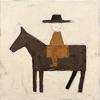 Original oil painting of a rider in a flat black hat and caramel coat on a chocolate-brown horse facing left, heavy palette-knife texture on a cream ground