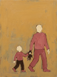 Oil painting of a figure in a clay-rose dress cradling a pale lamb to the chest, on a mustard-gold ground.