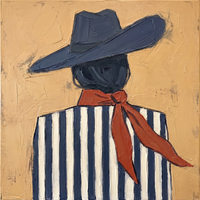 Original oil painting of a cowgirl from behind in a wide navy hat with a long rust scarf trailing over a navy and cream striped shirt, on a caramel ochre ground