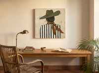 Cowgirl from Behind Wall Art — Original Palette-Knife Oil, Olive & Caramel — original hand-painted oil shown on the wall in a styled room