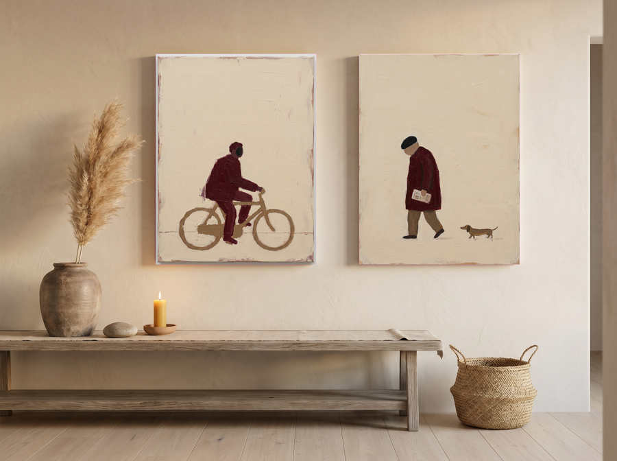 Cyclist & Newspaper Man — Set of 2 Original Oils, Wine & Oat
