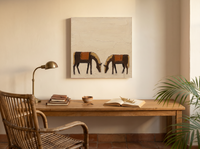 Two Grazing Horses Wall Art — Original Palette-Knife Oil, Brown & Rust — original hand-painted oil shown on the wall in a styled room