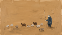 Original wide oil painting of a shepherd in a navy coat with a tall crook and a scattered flock of grey and brown sheep on a golden-ochre pasture, Lowry-style with open space