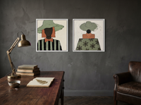 Hatted Woman, Front and Back — Set of 2 Original Oils, Sage & Terracotta — original hand-painted oil shown on the wall in a styled room