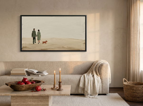 Couple Walking a Dog Wide Wall Art — Original Palette-Knife Oil, Sage & Terracotta