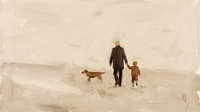 Original wide oil painting of a father in a chocolate coat holding his child's hand with a rust dog alongside, seen from behind walking across a cream ground, Lowry-style