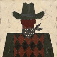 Oil painting of a faceless cowboy in a dark olive-charcoal hat with an oxblood face, charcoal neckerchief and oxblood-and-brown striped shirt, on a cream ground.