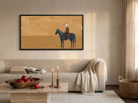 Cowboy on Horseback Wide Wall Art — Original Palette-Knife Oil, Golden Ochre & Navy — original hand-painted oil shown on the wall in a styled room
