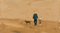 Original wide oil painting of a father in a navy coat holding his child's hand with a brown dog alongside, walking across a warm golden-ochre ground, Lowry-style with open space
