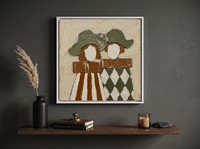 Two Ladies in Hats Wall Art — Original Palette-Knife Oil, Olive & Sienna — original hand-painted oil shown on the wall in a styled room