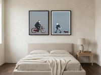 Cyclist & Newspaper Man — Set of 2 Original Oils, Charcoal & Slate — original hand-painted oil shown on the wall in a styled room