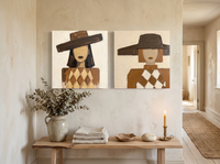Red-Lipped Woman in a Wide Hat — Set of 2 Original Oils, Chocolate & Cream — original hand-painted oil shown on the wall in a styled room