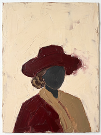 Oil painting of a woman in a deep wine wide-brim hat with a pale blank face and a wine top with a tan collar, on a cream ground.