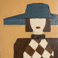 Oil painting of a woman under a long navy-teal flat-brim hat, a cream face with a single dark lip mark and a chocolate-and-cream harlequin bodice, on a golden ochre ground.