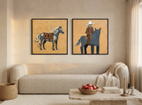 Standing Horse & Mounted Cowboy — Set of 2 Original Oils, Blue-Grey & Ochre — original hand-painted oil shown on the wall in a styled room