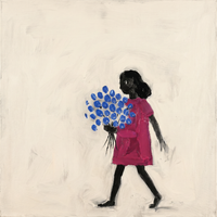 Original oil painting of a girl in a bold magenta dress with a solid black head and limbs carrying a round bunch of cobalt-blue flowers, on an off-white ground
